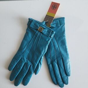 Tory Burch Women's Teal Green Leather Bow Pleated Gloves Size 6.5